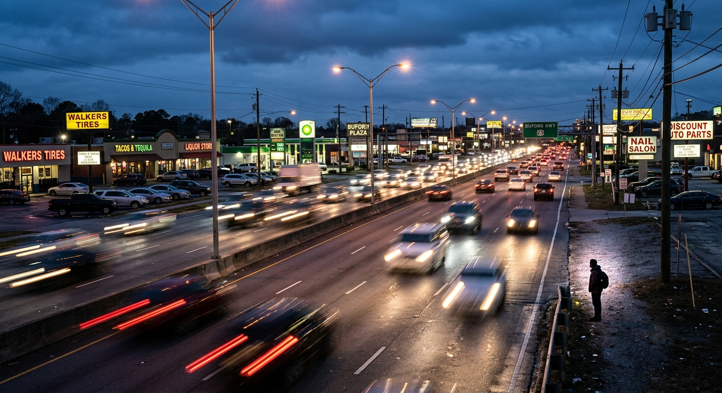 An elevated, blurred long exposure shot of a bustling multi-lane highway at night, with multiple vehicle headlights streaking across the center and neon signs and buildings bordering the highway on both sides. A silhouetted person stands looking out at the road from the right corner of the frame.