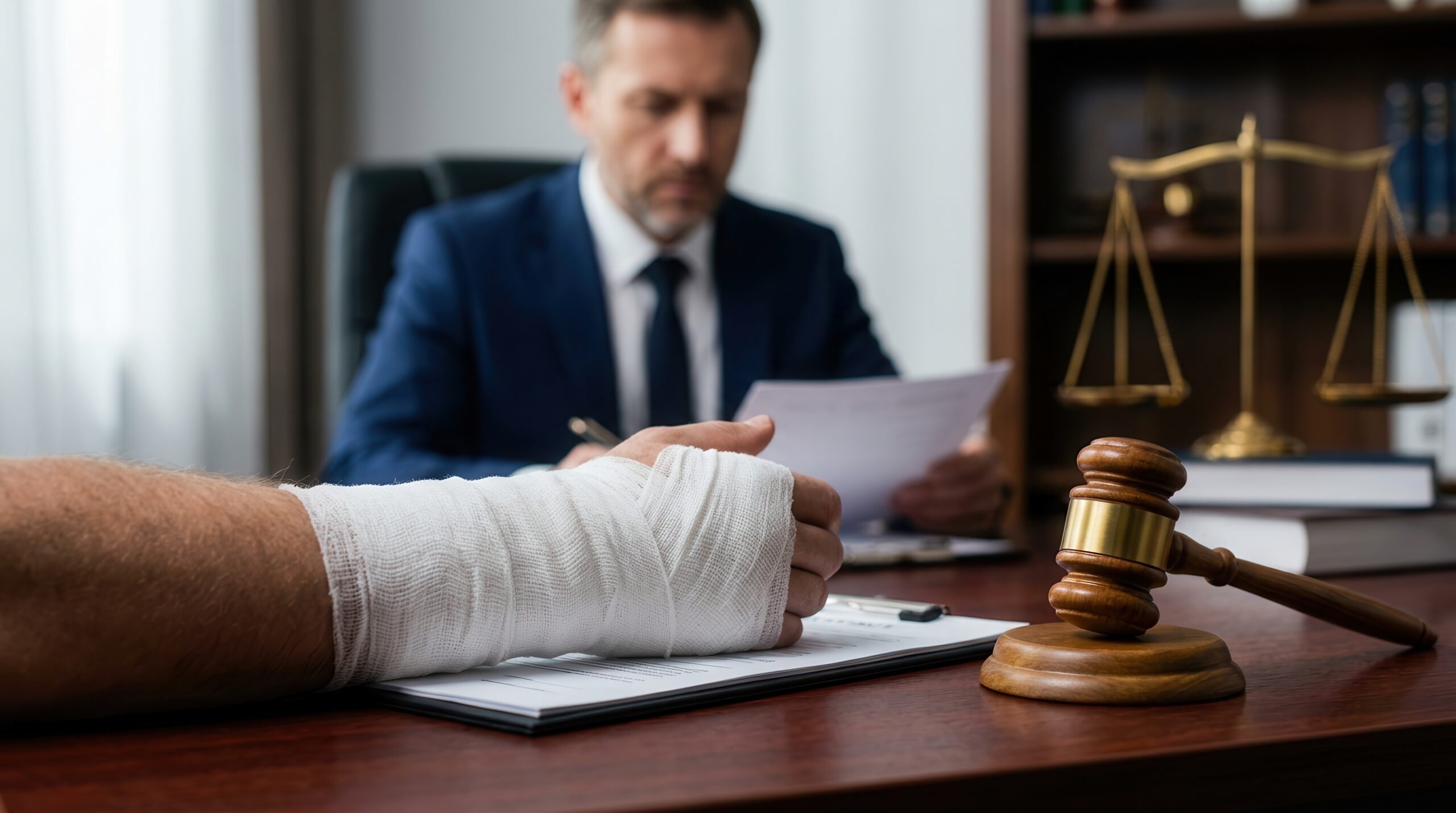 a gavel, scales of justice, and clipboard beside a bandaged arm for a medical negligence lawsuit.