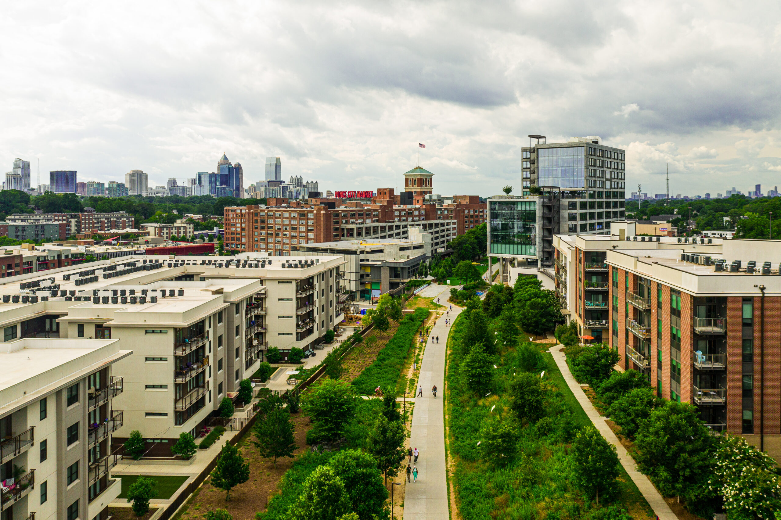 the atlanta beltline, commercial district, aerial view, 2020